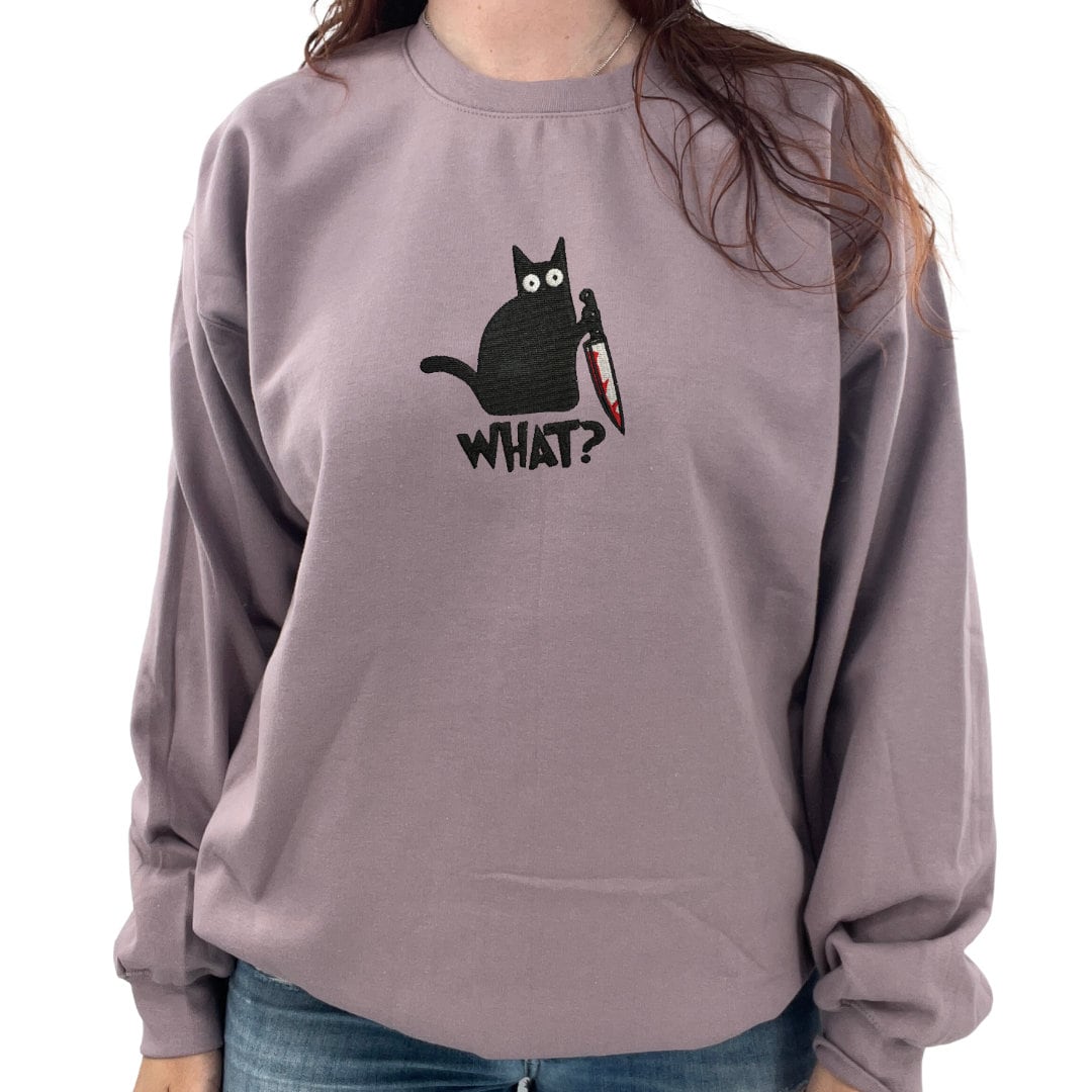 What? Cat Unisex Embroidered T-Shirt or Crewneck Sweatshirt