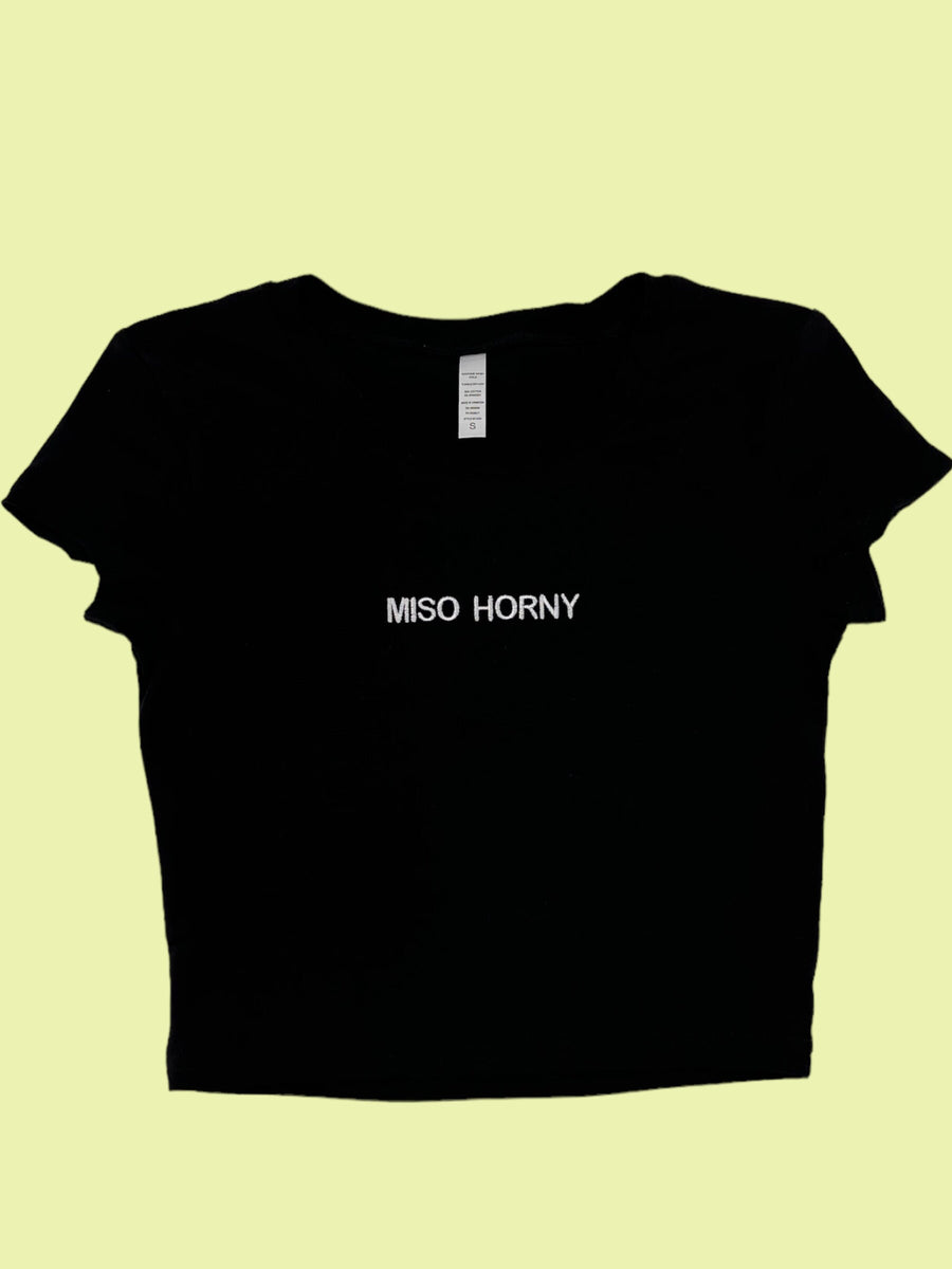 a black t - shirt with the word misso horny printed on it