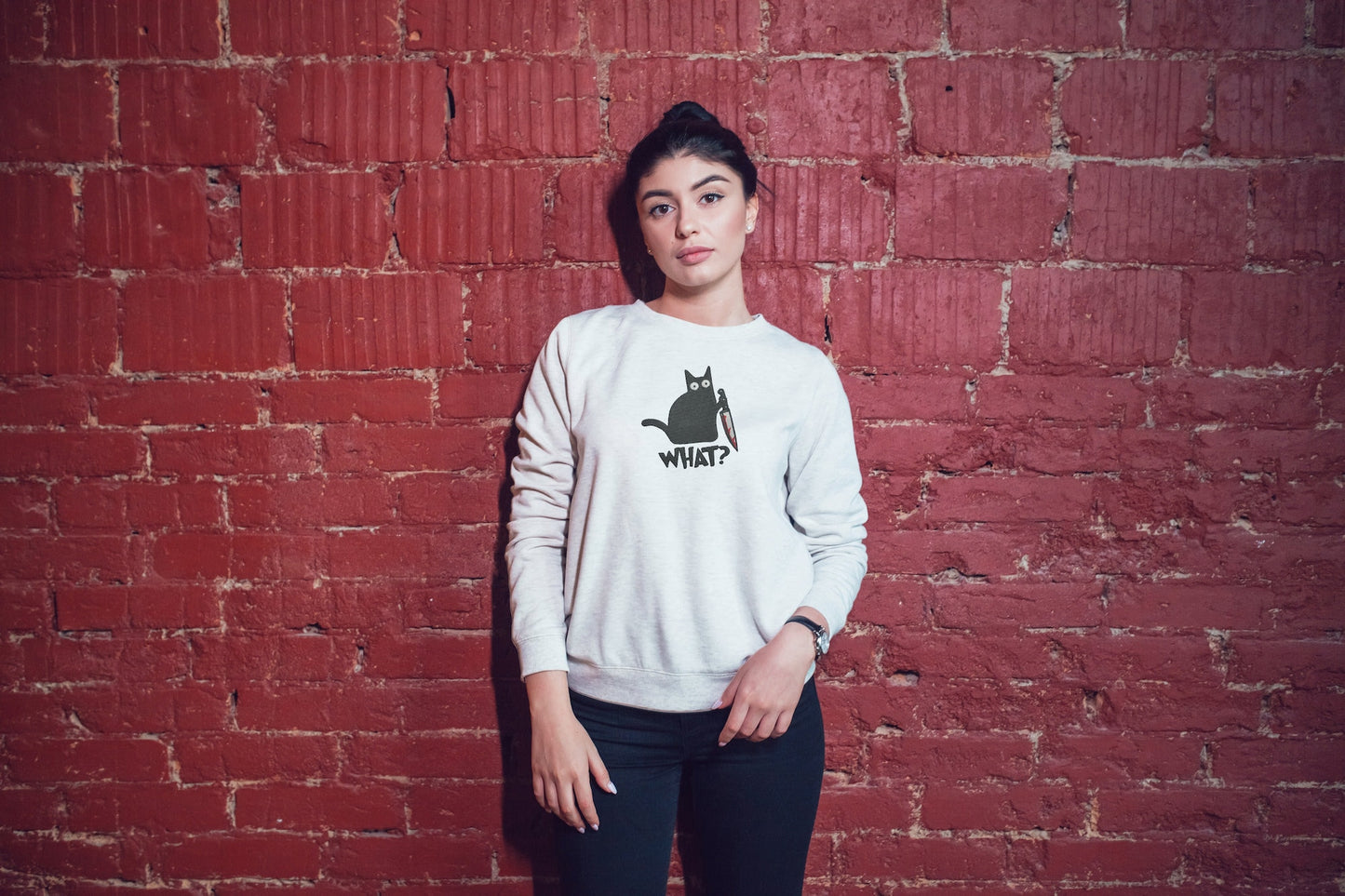 What? Cat Unisex Embroidered T-Shirt or Crewneck Sweatshirt