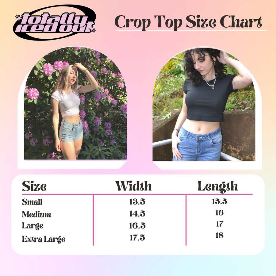 a woman wearing a crop top size chart