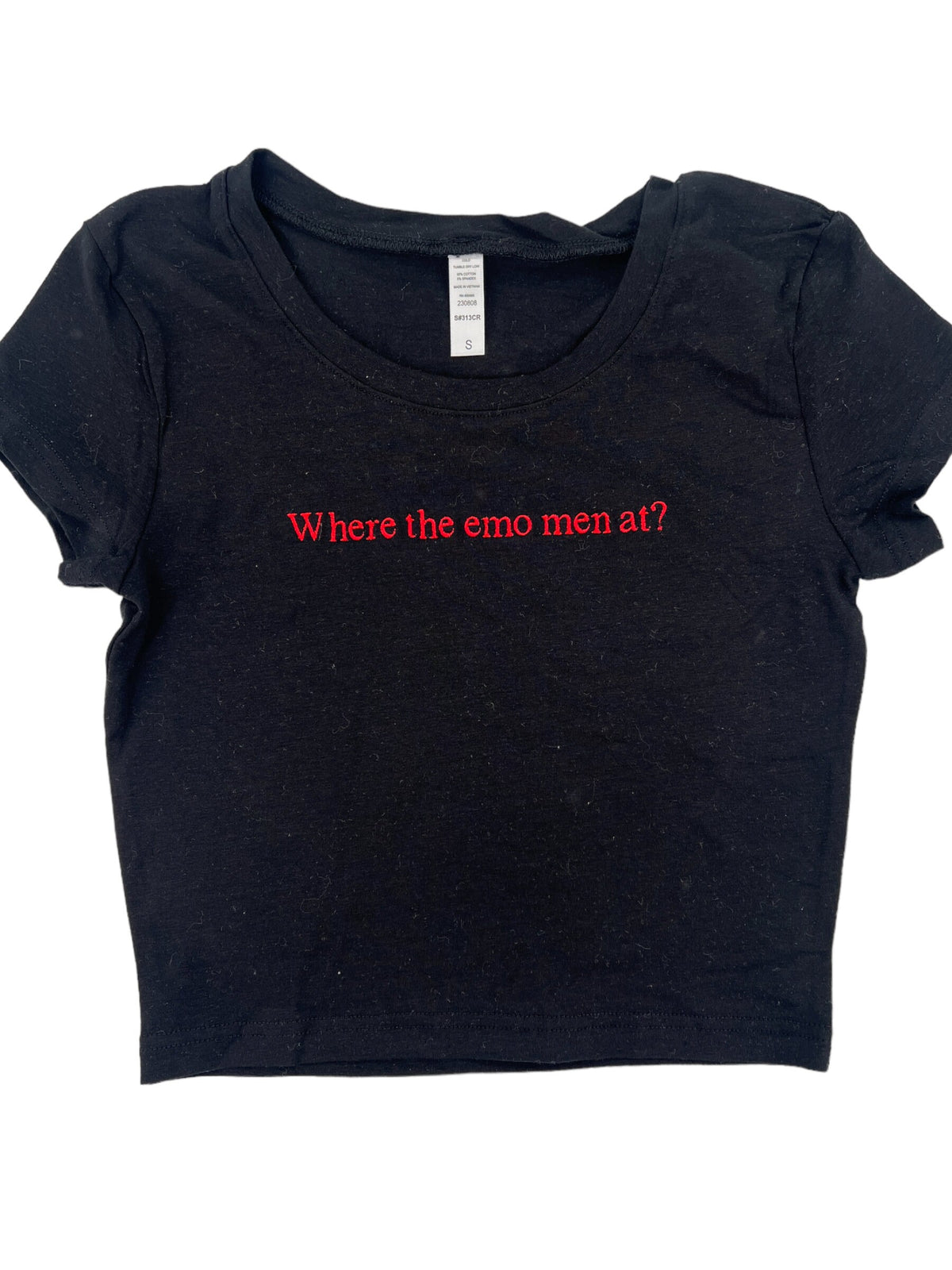 a black t - shirt with red writing that says where the emo men are